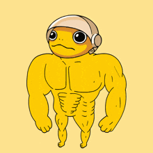 a yellow cartoon character with a helmet on