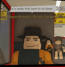 a man in a hat is sitting down in front of a sign that says player reports please do not disturb