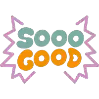 a logo that says ' sooo good ' in blue and orange