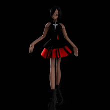 a girl in a black top and red skirt has a cross on her neck