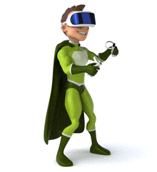 a cartoon superhero is wearing a virtual reality headset and holding a controller