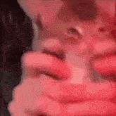 a close up of a person holding a kitten in their hands with a red background .