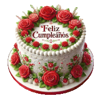 a birthday cake with red roses and the words feliz cumpleanos