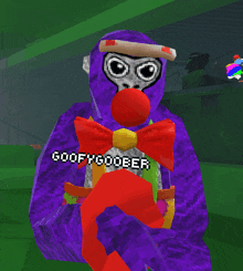 a purple clown with a red nose and a bow tie has the words goofygooder on it