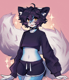 a drawing of a furry girl wearing a black crop top and shorts