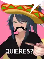 a girl with a sombrero and a mustache is holding a piece of meat and asking " quieres "