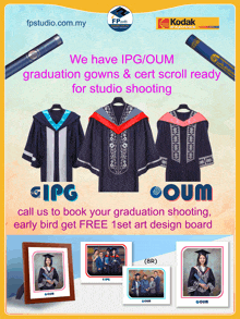 an advertisement for graduation gowns and certificate scrolls by fps studio