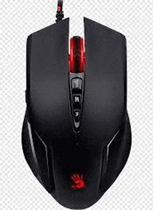 a black computer mouse with a red light on the bottom is on a white background .