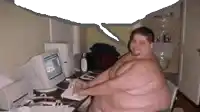 a fat man is sitting in front of a computer with a speech bubble above his head