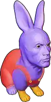 a purple rabbit with a man 's head on its back