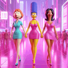 three cartoon characters from the simpsons are walking down a street