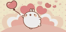 a cartoon rabbit is holding a heart shaped balloon in its hand .