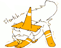 a drawing of a cat with a yellow cone on its head and the words stretch written below it