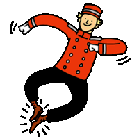 a cartoon drawing of a man in a red jacket and hat