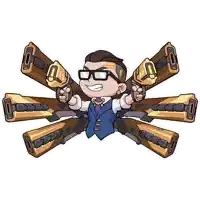 a cartoon drawing of a man with glasses holding guns