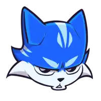 a cartoon drawing of a blue cat with an angry look on its face