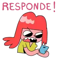 a cartoon of a girl with red hair holding a cell phone with the words responde written above her