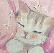 a painting of a cat sleeping under a pink blanket with stars .