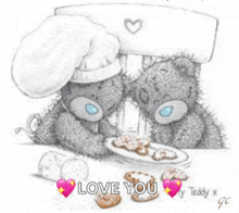 two teddy bears wearing chef hats are sitting at a table eating cookies .