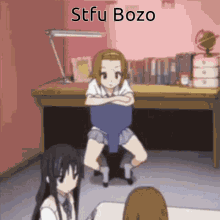 a cartoon of a girl sitting at a desk with the words stfu bozo written above her