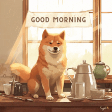 a dog is sitting on a table under a sign that says " good morning "