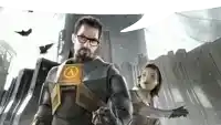 a man and a woman are standing next to each other with a half life logo on their chests