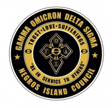 a black and gold logo for the gamma omicron delta sigma negros island council