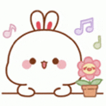 a cartoon rabbit is holding a potted flower .