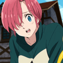 a girl with pink hair and blue eyes is wearing a green jacket