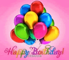 a bunch of colorful balloons on a pink background with the words `` happy birthday seemah '' .