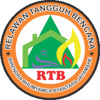 a logo for relawan tangguh bencana rtb shows a house and a fire