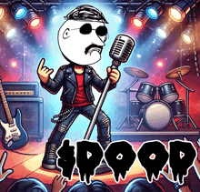 a cartoon drawing of a man singing into a microphone with the word #poop below him