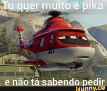 a cartoon helicopter is flying over a mountain in a funny meme .