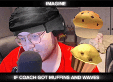 a man wearing glasses and a black hat is talking into a microphone with muffins and waves in the background