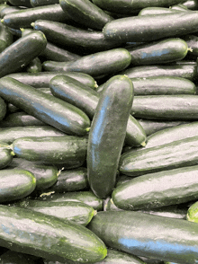 a bunch of cucumbers are stacked on top of one another