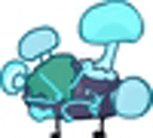 a cartoon character with a green shirt and purple shorts is sitting on a couch with a tree in the background .