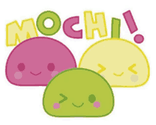 the word mochi is on a white background with three different colored mochis