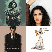 a man in a suit and tie is next to a woman and a cat with the word watermark on the bottom