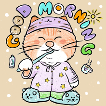 a cartoon of a cat brushing its teeth with the words " good morning " in the background