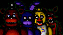 a group of five nights at freddy 's characters standing next to each other .