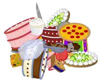 a bunch of different types of cakes including a pizza