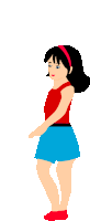 a girl in a red shirt and blue shorts is standing on a white background