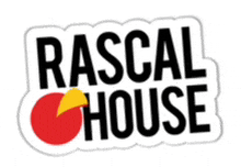 a sticker that says rascal house with a red apple on it