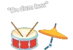 a red drum with two drumsticks and a cymbal on a white background .