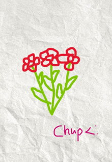 a drawing of red and green flowers with the word chupk below it