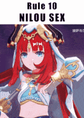 rule 10 nilou sex is written above a picture of a red haired anime girl