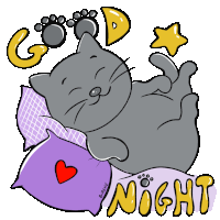 a cartoon of a cat laying on a purple pillow with the words good night written below it