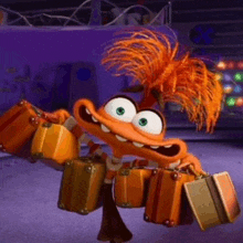 a cartoon character with orange hair is holding a bunch of suitcases