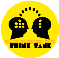 a yellow circle with two heads and the words change leadership group think tank on it