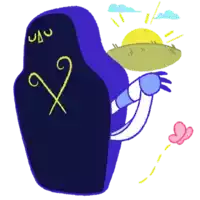 a cartoon drawing of a coffin with a sword and a butterfly